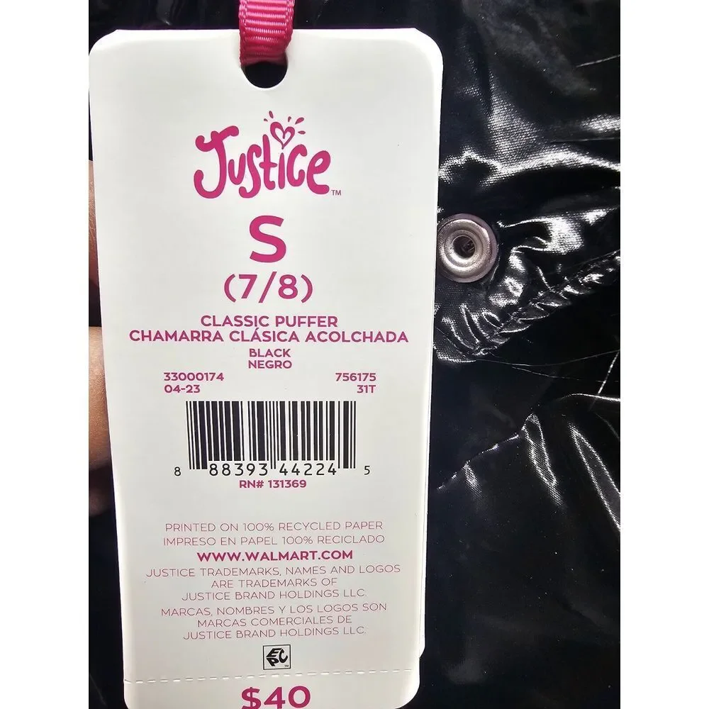 Justice Girls Black Puffer Jacket Hood Sherpa Lined Full‎ Zip Pockets Size S 7/8